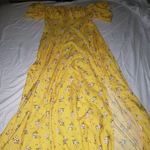 Off the Shoulder - Yellow Floral Dress with Split